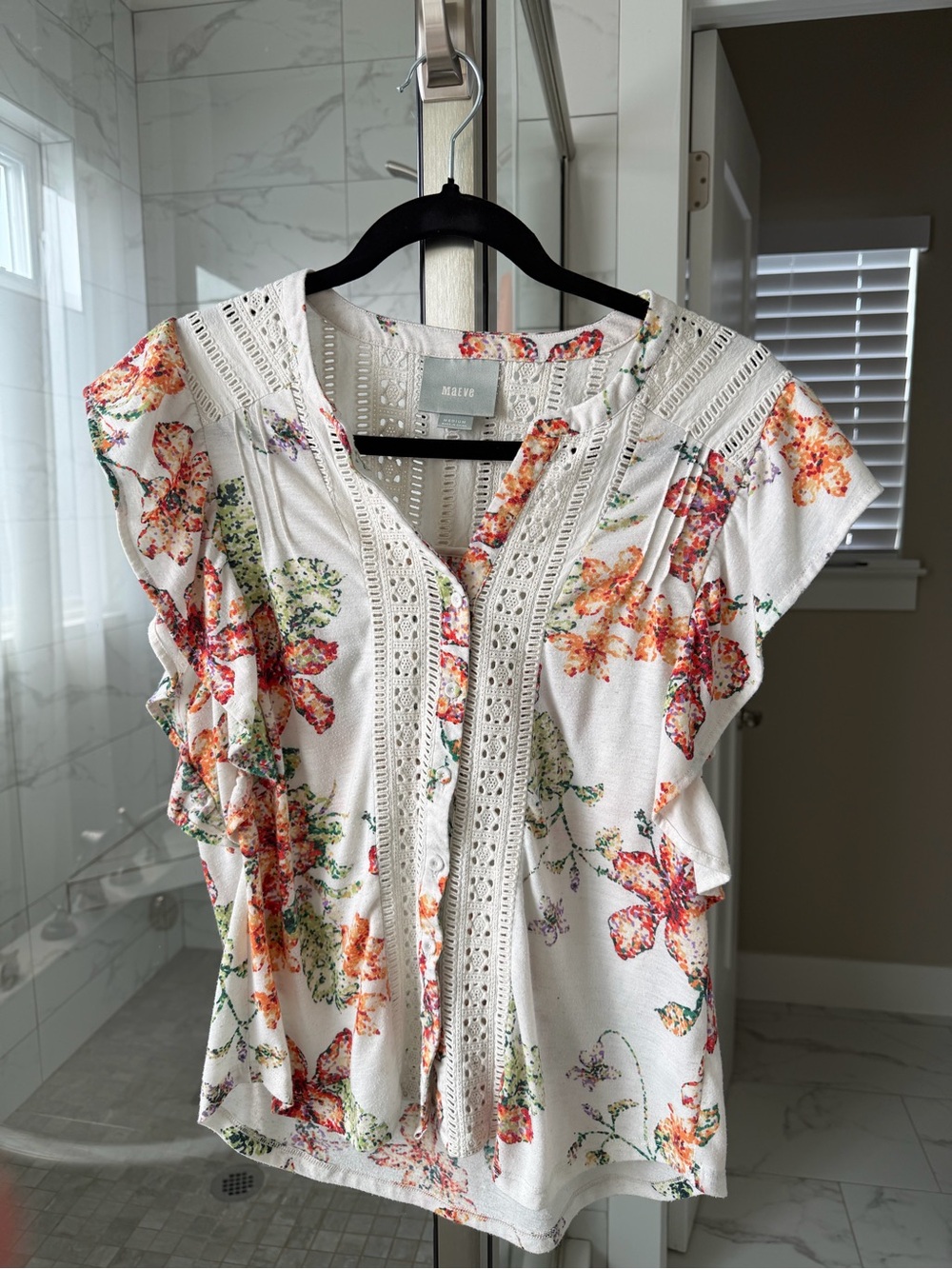 Anthropologie Maeve White Floral Crochet-Trim Cap Sleeve Top